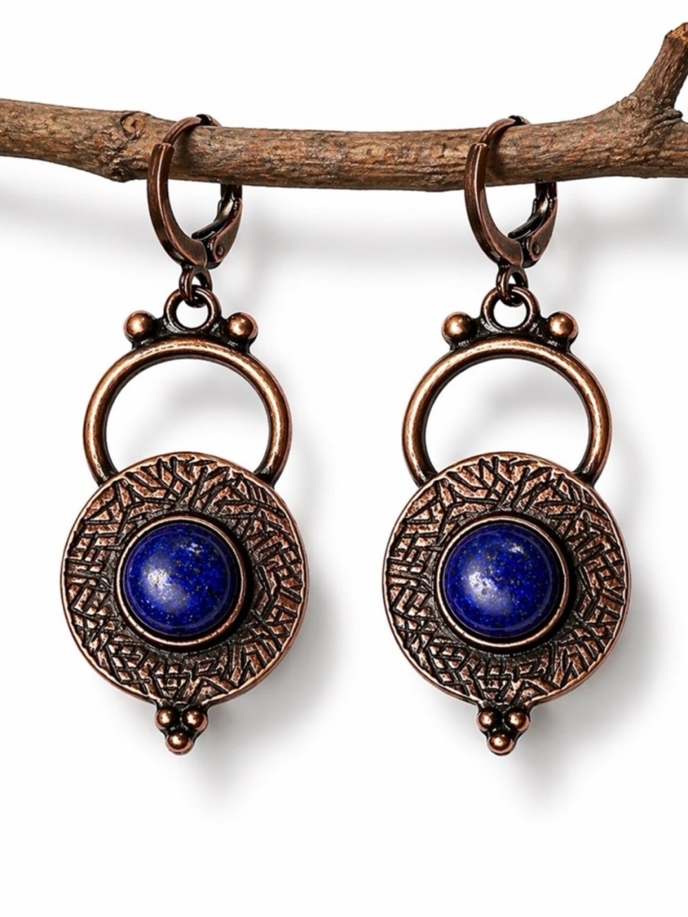 Boho Copper Lapis Look Earrings, Statement Dangle, Artisan Dangle